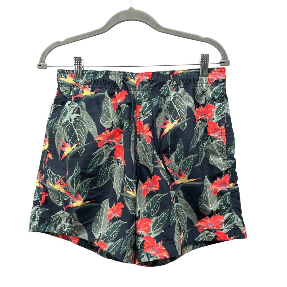 H&M Tropical Floral Swim Trunks Mens S Black Red Hibiscus Board Shorts